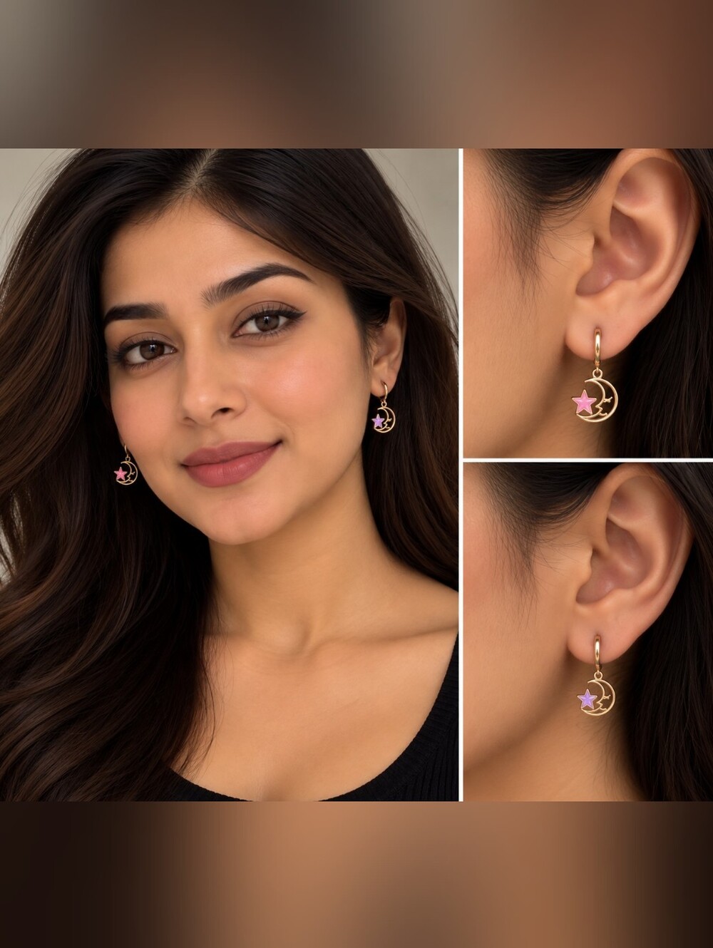 Gold Hoop Earrings with One With Pink Other With Lavender Star & Moon Charm